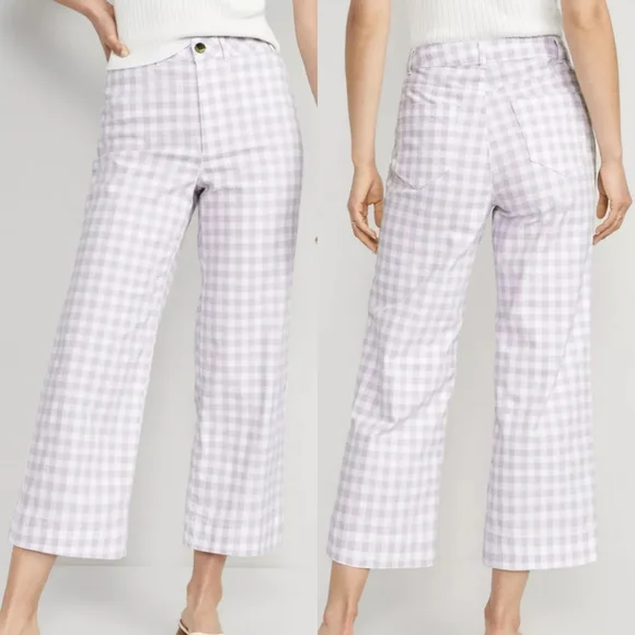 OLD NAVY Retro Gingham High-Waisted Cropped Wide-Leg Chino Pants 10 Tall - Picture 1 of 10